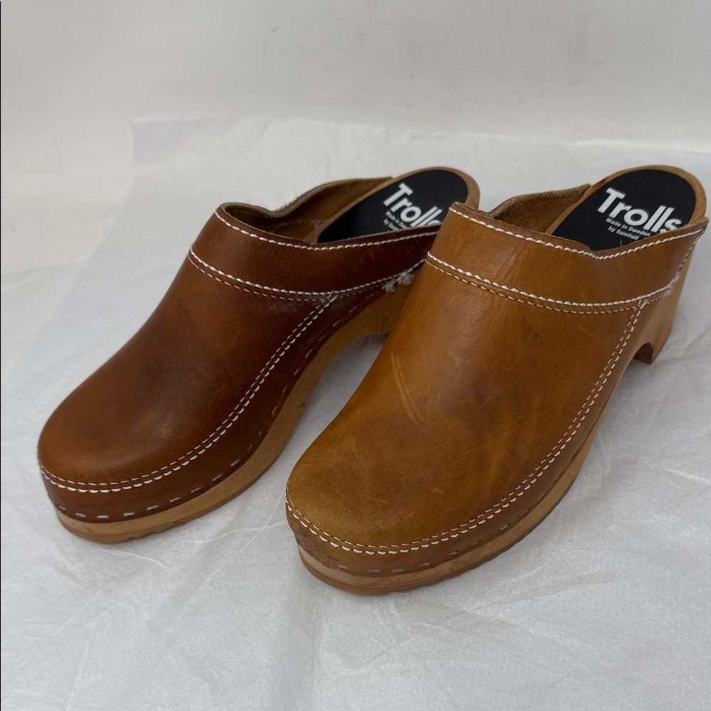 Trolls Sweden Brown Leather Wooden Clogs Scandinavian Slip-On Mules Cottagecore